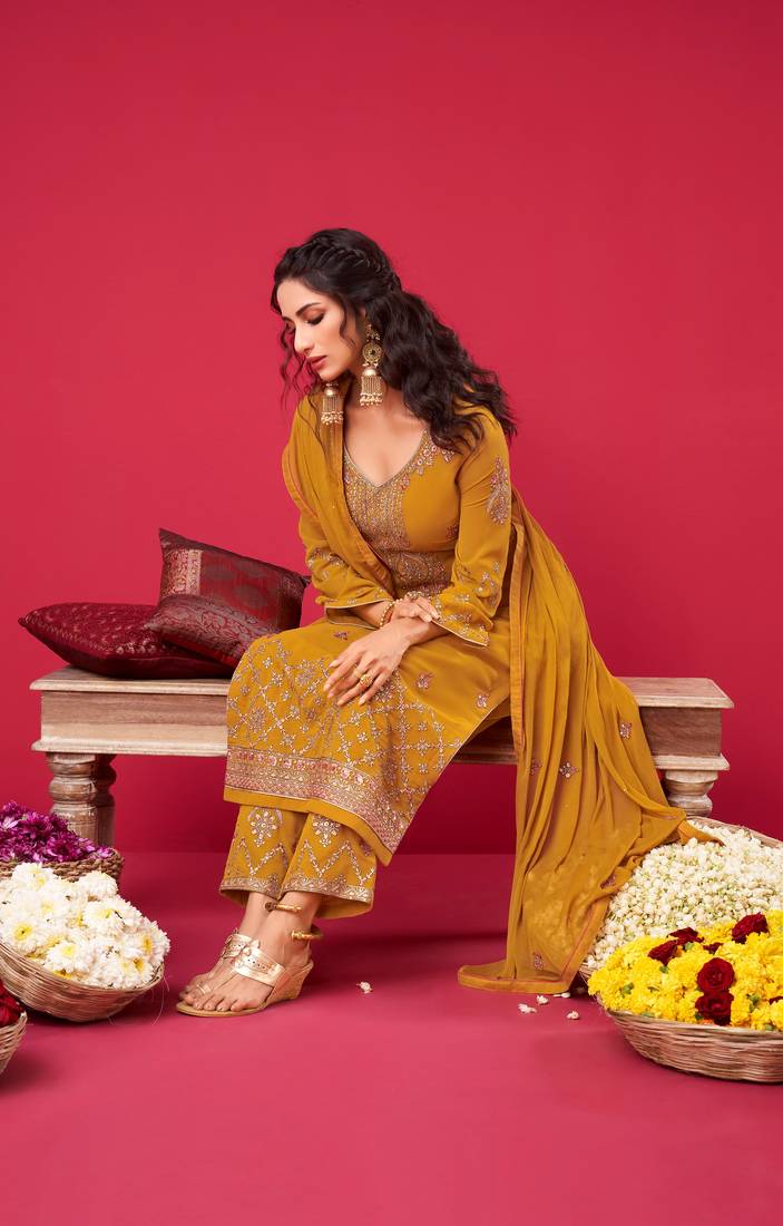 Yellow Indian Hit Georgette Straight Suit  Party Wedding Cocktail Wear Ethnic Women Girls Semi stitched suit