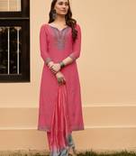 Red cotton unstitched embroidered top  & bottom with dupatta