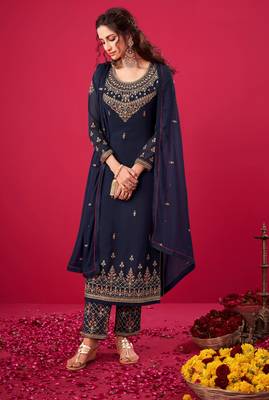 Blue Indian Hit Georgette Straight Suit  Party Wedding Cocktail Wear Ethnic Women Girls Semi stitched suit 1