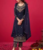 Blue Indian Hit Georgette Straight Suit  Party Wedding Cocktail Wear Ethnic Women Girls Semi stitched suit