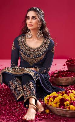 Blue Indian Hit Georgette Straight Suit  Party Wedding Cocktail Wear Ethnic Women Girls Semi stitched suit 2