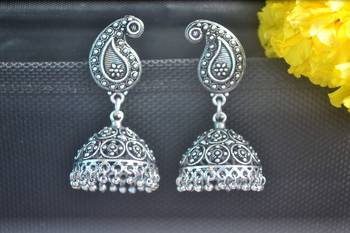 Keri Motif Designer Ethnic Oxidised Silver jhumkas Earrings 1