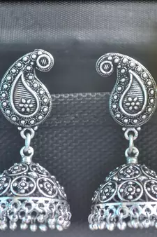 Keri Motif Designer Ethnic Oxidised Silver jhumkas Earrings
