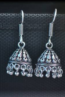 Floral Designer Ethnic oxidised Silver jhumkas Earrings
