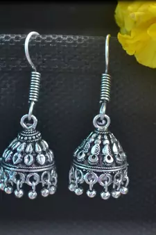Floral Designer Ethnic oxidised Silver jhumkas Earrings