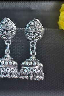 Floral Designer Ethnic oxidised Silver jhumkas Earrings