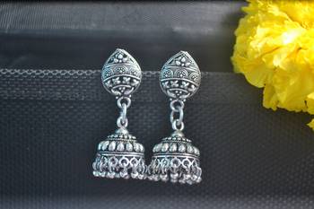 Floral Designer Ethnic oxidised Silver jhumkas Earrings 2