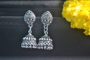 Floral Designer Ethnic oxidised Silver jhumkas Earrings 3