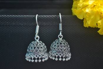 Floral Designer Ethnic oxidised Silver jhumkas or Jhumki Earrings 1