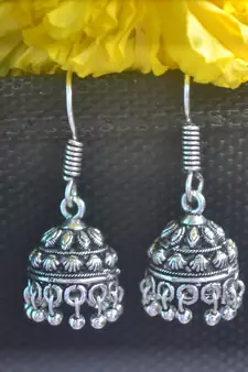 Floral Designer Ethnic oxidised Silver jhumkas or Jhumki Earrings