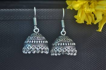 Floral Designer Ethnic oxidised Silver jhumkas or Jhumki Earrings 2