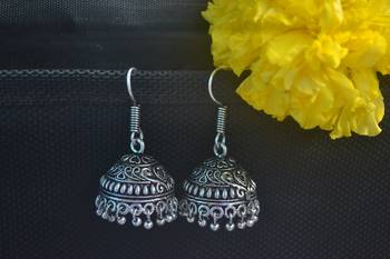 Floral Designer Ethnic oxidised Silver jhumkas or Jhumki Earrings 1
