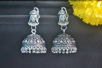 Floral Shiv Motif Designer Ethnic oxidised Silver jhumkas or Jhumki Earrings 1
