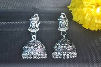 Floral Shiv Motif Designer Ethnic oxidised Silver jhumkas or Jhumki Earrings 2