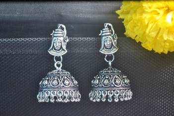 Floral Shiv Motif Designer Ethnic oxidised Silver jhumkas or Jhumki Earrings 3