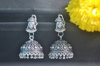 Floral Shiv Motif Designer Ethnic oxidised Silver jhumkas or Jhumki Earrings 4
