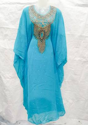 Sky-blue embroidered georgette fustan 1