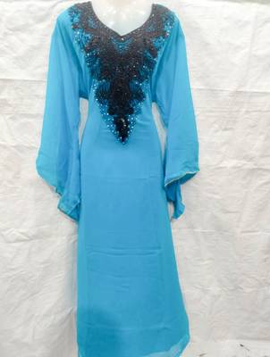 Sky-blue embroidered georgette fustan 1