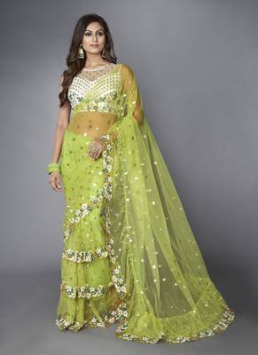 Green embroidered net saree with blouse 1