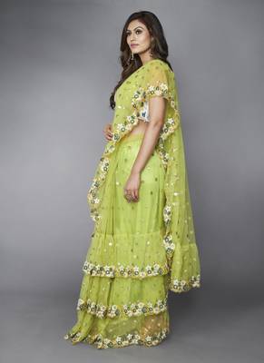 Green embroidered net saree with blouse 3