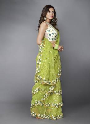 Green embroidered net saree with blouse 4