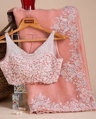 Peach embroidered organza saree with blouse 1