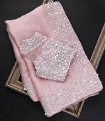 Baby pink embroidered organza saree with blouse