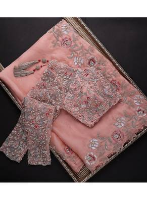 Peach embroidered organza saree with blouse 1