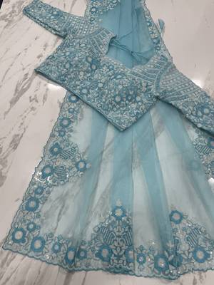 Sky blue embroidered organza saree with blouse 1