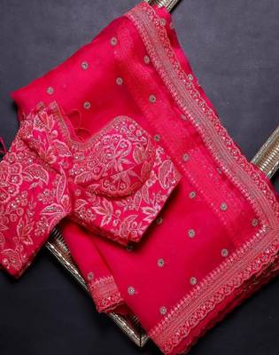 Pink embroidered organza saree with blouse 1
