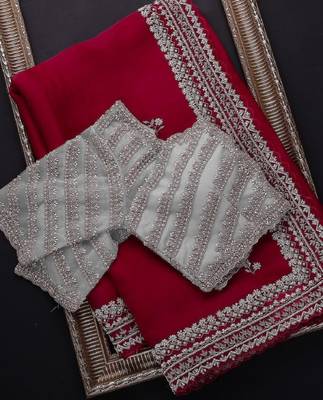 Red embroidered organza saree with blouse 1