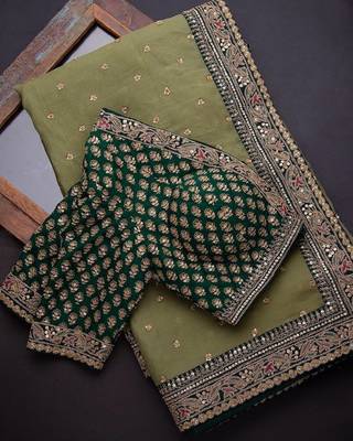 Green embroidered organza saree with blouse 2