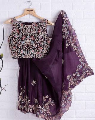 Purple embroidered silk saree with blouse 1