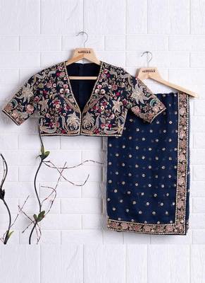 Navy blue embroidered organza saree with blouse 1