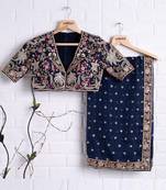 Navy blue embroidered organza saree with blouse