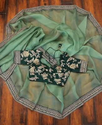 Green embroidered organza saree with blouse 1