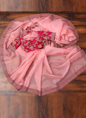 Peach embroidered organza saree with blouse 1