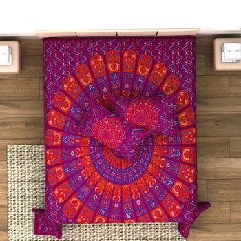 Jaipuri Print Cotton Mandala Double Badsheet  ZigZag 240 TC With 2 Pillow Cover Size/ 90 X 108 Inch, Color -Crimson Red 1