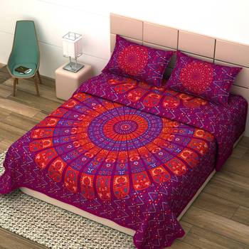 Jaipuri Print Cotton Mandala Double Badsheet  ZigZag 240 TC With 2 Pillow Cover Size/ 90 X 108 Inch, Color -Crimson Red 3
