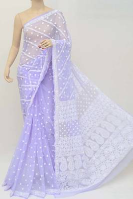 Lavender Hand Embroidered Designer Lucknowi Chikankari Saree (With Blouse - Georgette)  1