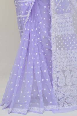 Lavender Hand Embroidered Designer Lucknowi Chikankari Saree (With Blouse - Georgette)  3