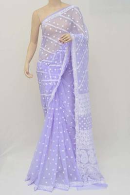 Lavender Hand Embroidered Designer Lucknowi Chikankari Saree (With Blouse - Georgette)  4