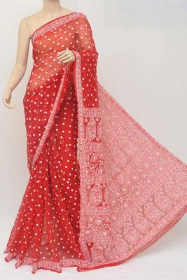 Red Hand Embroidered Designer Lucknowi Chikankari Saree (With Blouse - Georgette) 1