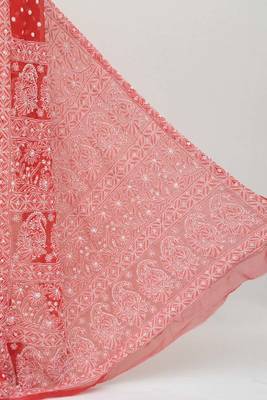 Red Hand Embroidered Designer Lucknowi Chikankari Saree (With Blouse - Georgette) 2