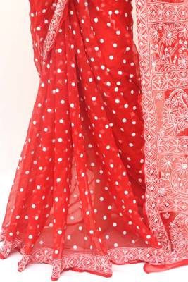 Red Hand Embroidered Designer Lucknowi Chikankari Saree (With Blouse - Georgette) 3