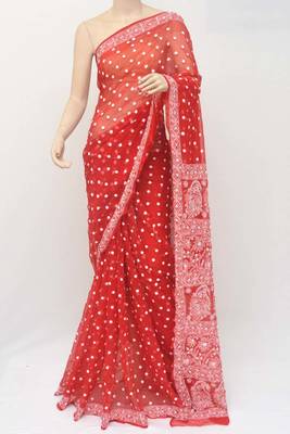 Red Hand Embroidered Designer Lucknowi Chikankari Saree (With Blouse - Georgette) 4
