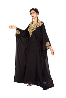 Black Gold Beaded Wedding Farasha /Abaya/Gown/Gold Embellished Kaftan Maxi Dress 2