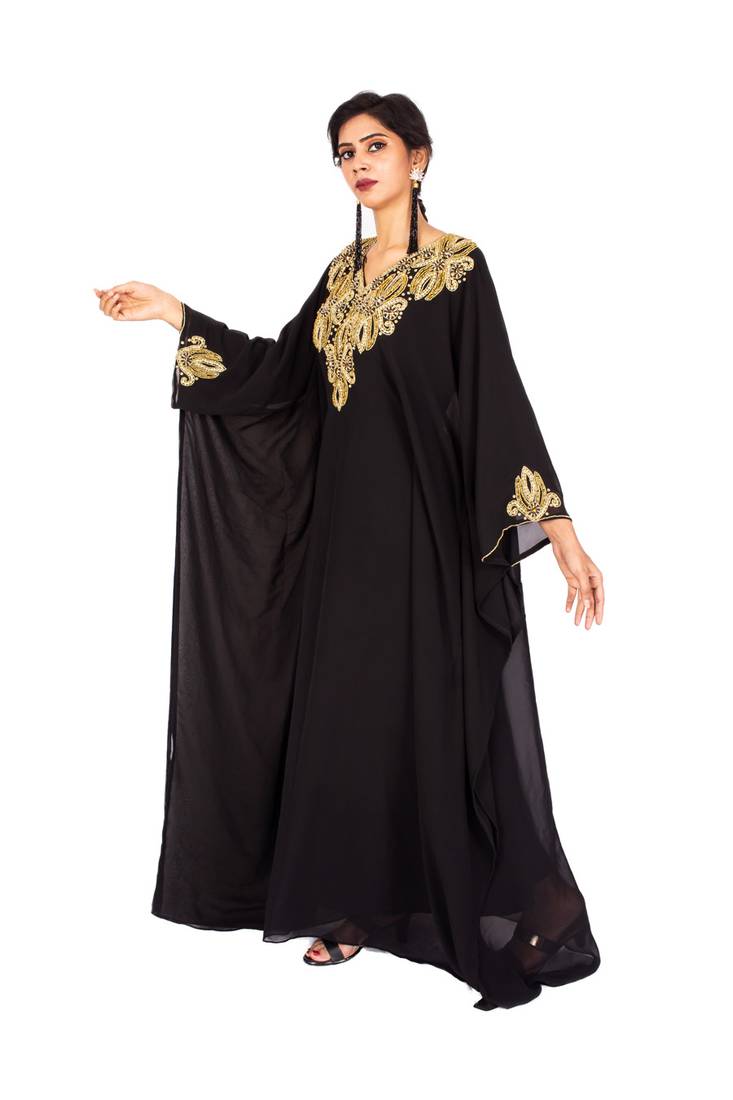 Black Gold Beaded Wedding Farasha /Abaya/Gown/Gold Embellished Kaftan Maxi Dress