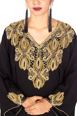 Black Gold Beaded Wedding Farasha /Abaya/Gown/Gold Embellished Kaftan Maxi Dress 3