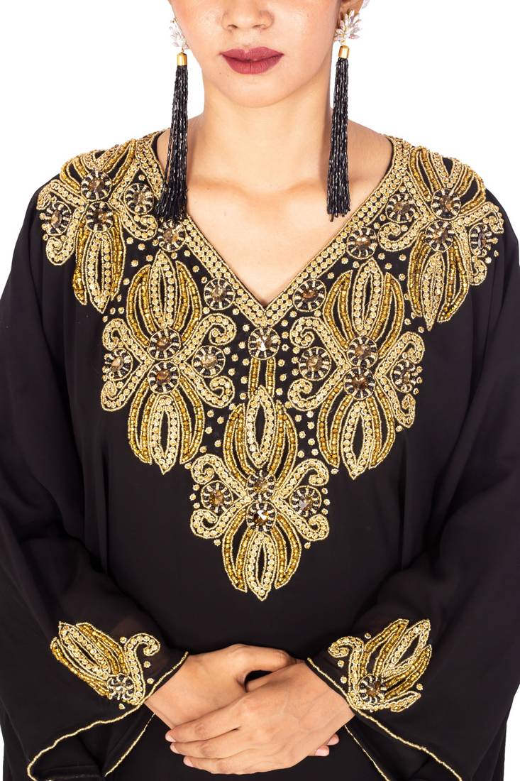 Black Gold Beaded Wedding Farasha /Abaya/Gown/Gold Embellished Kaftan Maxi Dress